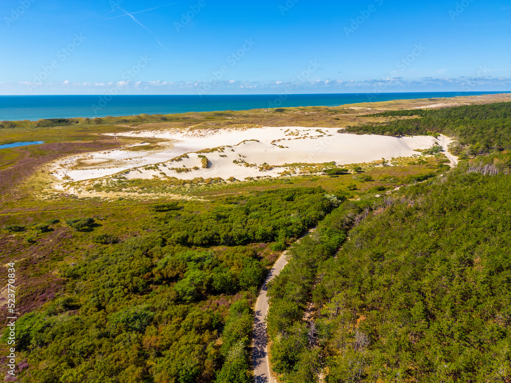 Drone point of view on Large Dune in Nature Reserve near the North Sea coast in Bergen aan Zee, Netherlands on summer day