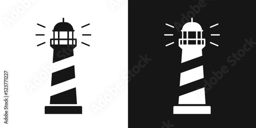 Illuminating lighthouse vector sign. Maritime light emitting lighthouse tower, navigation symbol, beacon logo isolated on black and white background