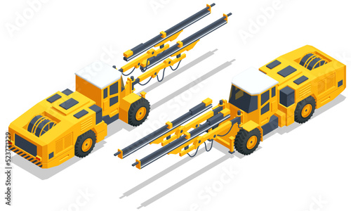 Isometric tunneling drilling rigs, self-propelled drilling rigs. Bucket-wheel excavator, heavy equipment used in surface mining. Mining quarry, mine
