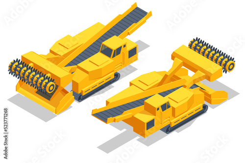 Isometric tunneling drilling rigs, self-propelled drilling rigs. Bucket-wheel excavator, heavy equipment used in surface mining. Mining quarry, mine