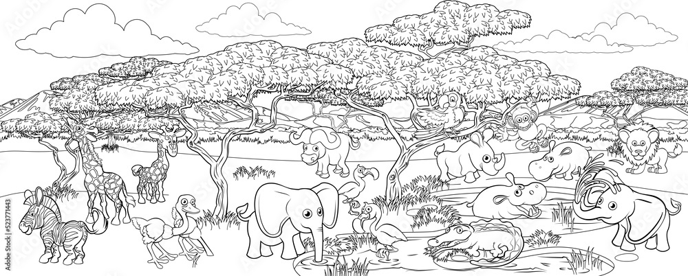 Fototapeta premium A safari cartoon cute animal background African savannah landscape coloring outline scene.
