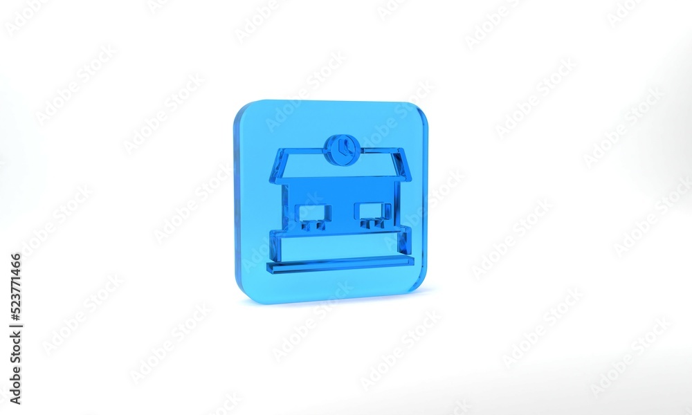 Blue Railway station icon isolated on grey background. Glass square button. 3d illustration 3D render Blue Railway station icon isolated on grey background. Glass square button. 3d illustration 3D render