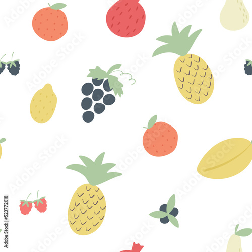 Fruits and berries simple seamless pattern. Exotic tropical background. Print summer fruit vector illustration. Template with organic food