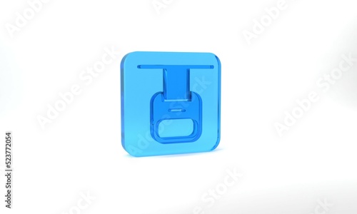 Blue Cable car icon isolated on grey background. Funicular sign. Glass square button. 3d illustration 3D render