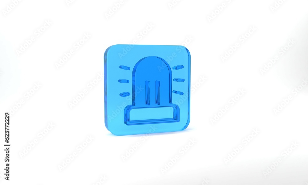 Blue Flasher siren icon isolated on grey background. Emergency flashing siren. Glass square button. 3d illustration 3D render Blue Flasher siren icon isolated on grey background. Emergency flashing siren. Glass square button. 3d illustration 3D render