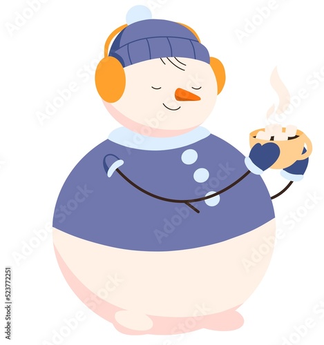 Cute snowman drinking hot cocoa, holding Christmas cup with marshmallows. Happy winter snow man in hat, sweater and ear muffs with mug in hands. Flat illustration isolated on white background