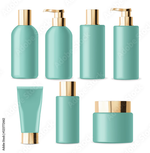 Realistic packaging cosmetics. Container lotion, tonic, serum, cream, bottle mockup isolated vector, package bottle cosmetics set, plastic green bottle cosmetics collection
