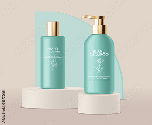 Realistic packaging cosmetics. Container lotion, tonic, serum, cream, bottle mockup isolated vector, package bottle cosmetics set, plastic green bottle cosmetics collection