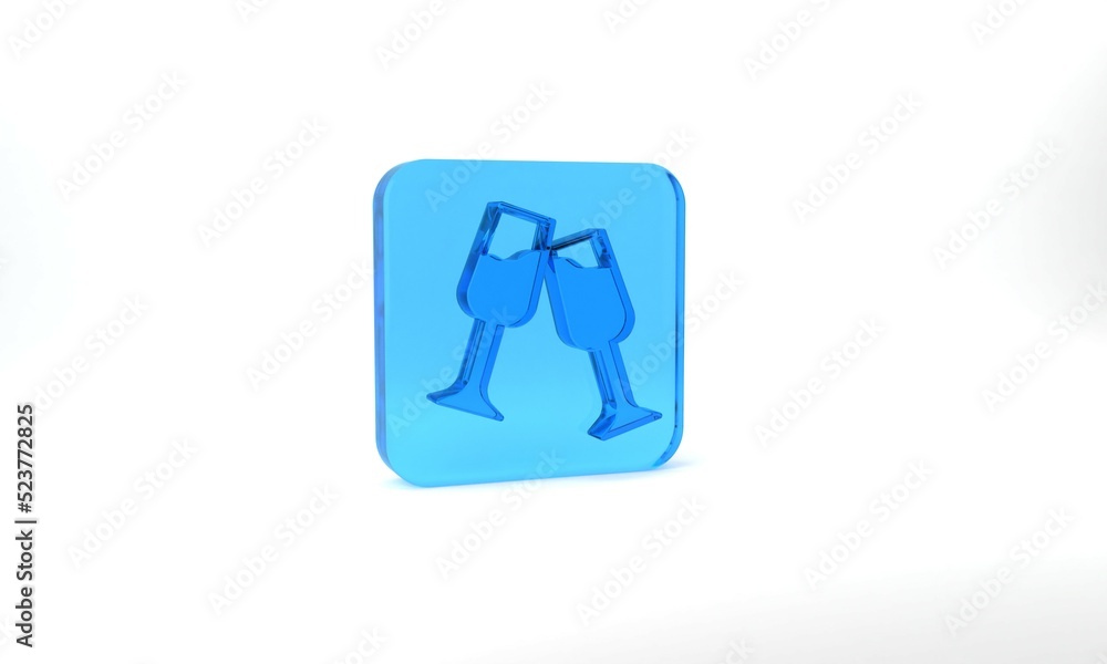 Blue Glass of champagne icon isolated on grey background. Merry Christmas and Happy New Year. Glass square button. 3d illustration 3D render Blue Glass of champagne icon isolated on grey background. Merry Christmas and Happy New Year. Glass square button. 3d illustration 3D render