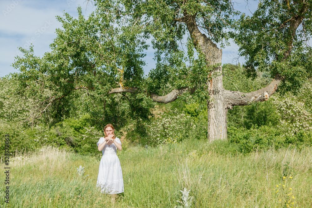 Beautiful girl in a white dress with flowers in a field overlooking the sky Beautiful girl in a white dress with flowers in a field overlooking the sky