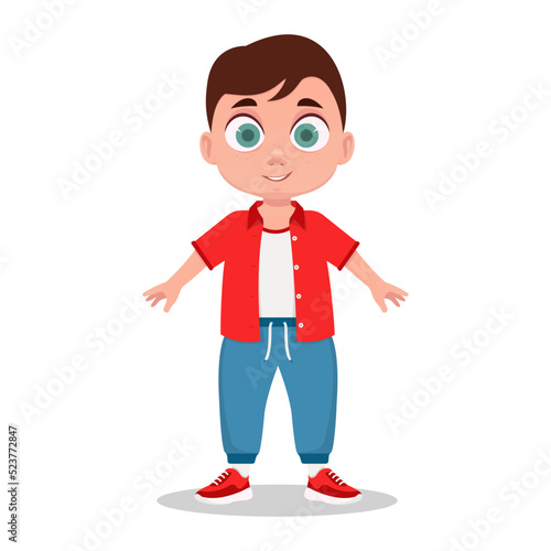 Cute boy in a red jacket, smiling. Vector illustration