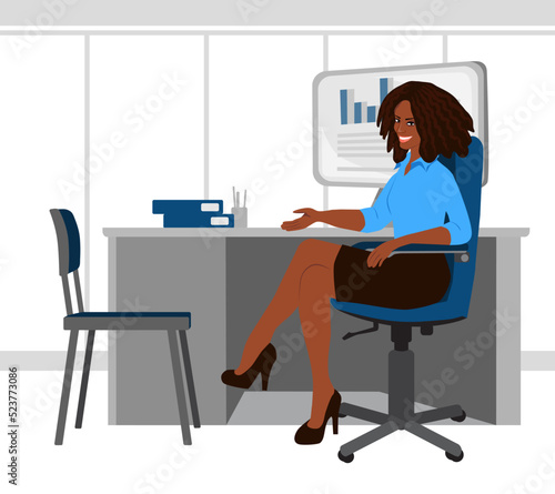 Dark-skinned businesswoman sits on a chair in front of a desk and points to an empty chair. The boss invites the subordinate to the office. Monitor and folders on the table. Vector illustration