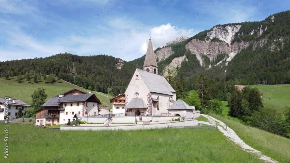 Relaxing drone view of St Maddalena in green Vall de Funes, Dolomites Relaxing drone view of St Maddalena in green Vall de Funes, Dolomites