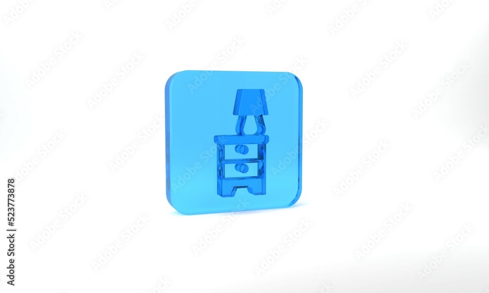 Blue Furniture nightstand with lamp icon isolated on grey background. Glass square button. 3d illustration 3D render Blue Furniture nightstand with lamp icon isolated on grey background. Glass square button. 3d illustration 3D render