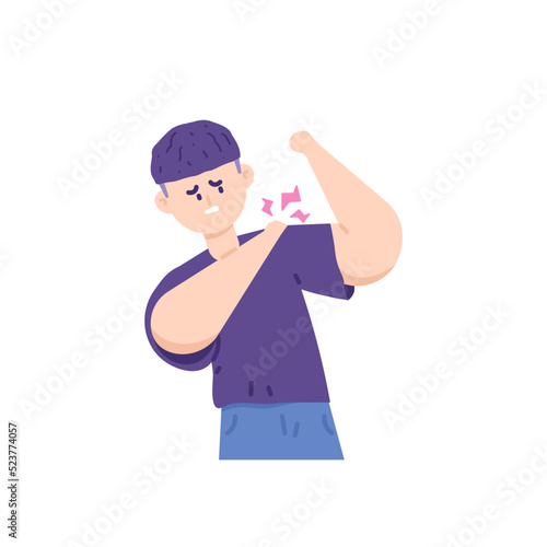 shoulder pain, muscle strain, injury, muscle inflammation, frozen shoulder, pinched nerve. a man holds his shoulder because of pain. health problems in the body. flat cartoon illustrations. vector 