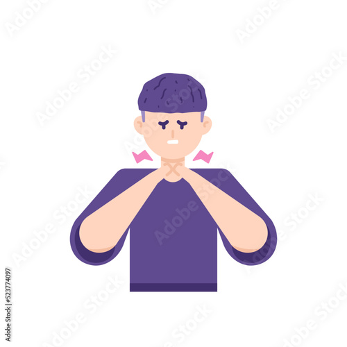 symptoms of sore throat, cough, neck pain, muscle stiffness, pinched nerves. a man holds his neck or throat because he feels pain. problems with the body. flat cartoon illustration. vector design