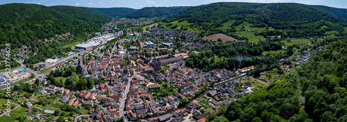 Aerial view of th old town of the city Amorbach in Germany on a sunny day in summer.  photo