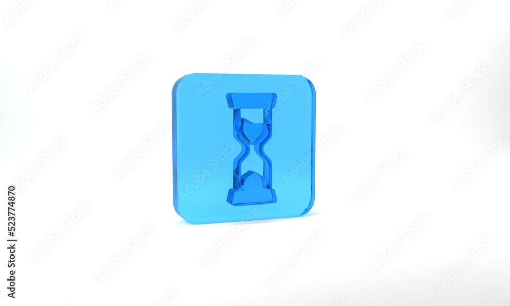 Blue Old hourglass with flowing sand icon isolated on grey background. Sand clock sign. Business and time management concept. Glass square button. 3d illustration 3D render Blue Old hourglass with flowing sand icon isolated on grey background. Sand clock sign. Business and time management concept. Glass square button. 3d illustration 3D render