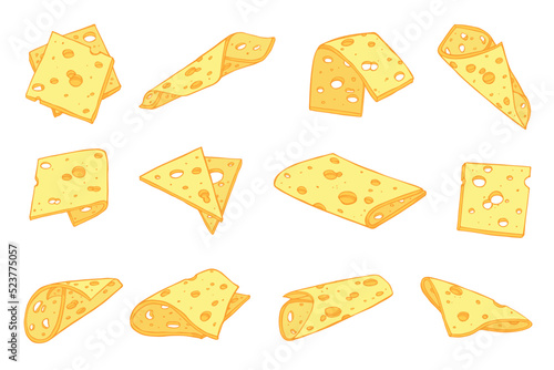 Hand drawn set of cheese parts and slices isolated on a white background. Cheese icon. Vector cheese clipart