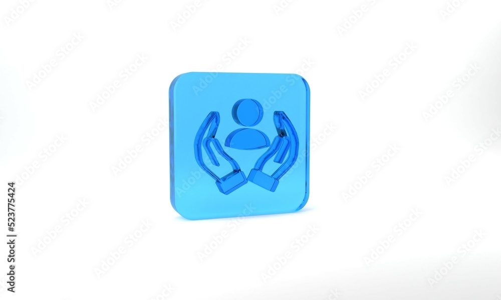 Blue Life insurance icon isolated on grey background. Security, safety, protection, protect concept. Glass square button. 3d illustration 3D render Blue Life insurance icon isolated on grey background. Security, safety, protection, protect concept. Glass square button. 3d illustration 3D render