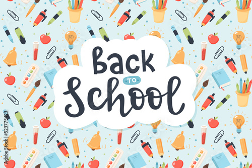 Back to school background with supplies and handwritten calligraphy for children. Cute colorful vector illustration