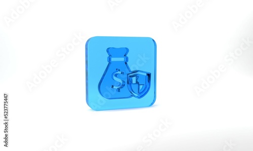 Blue Money bag with shield icon isolated on grey background. Insurance concept. Security, safety, protection, protect concept. Glass square button. 3d illustration 3D render