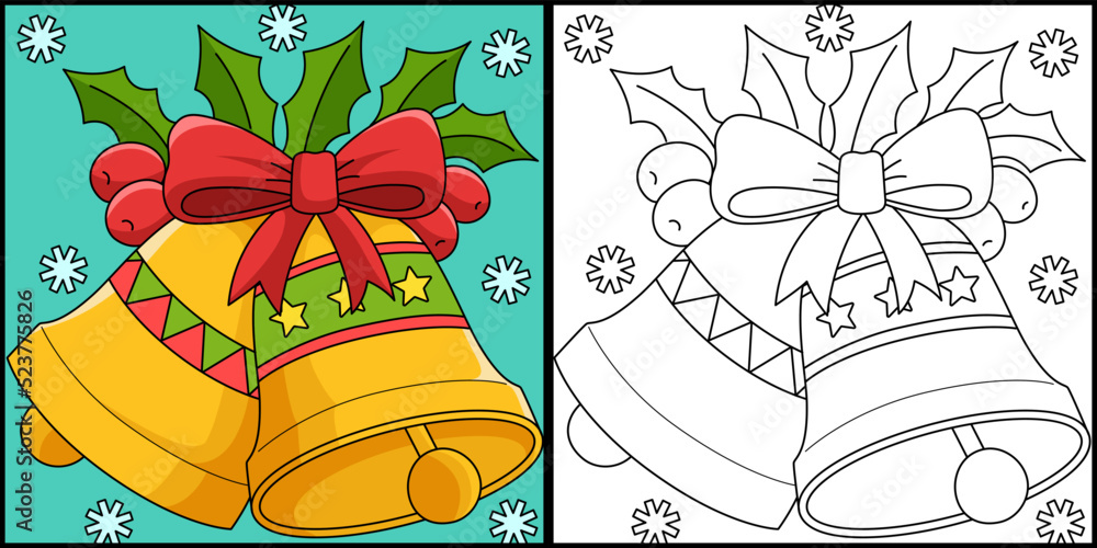Christmas Bell Coloring Page Colored Illustration Stock Vector | Adobe