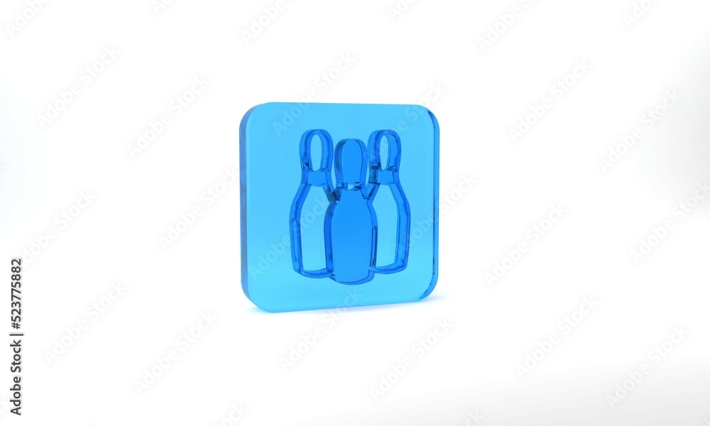 Blue Bowling pin icon isolated on grey background. Juggling clubs, circus skittles. Glass square button. 3d illustration 3D render Blue Bowling pin icon isolated on grey background. Juggling clubs, circus skittles. Glass square button. 3d illustration 3D render