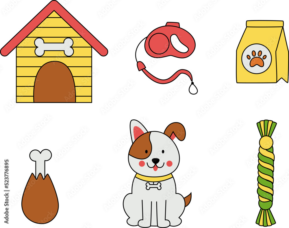 Fototapeta premium Set of dog and dog accessories in cartoon style.