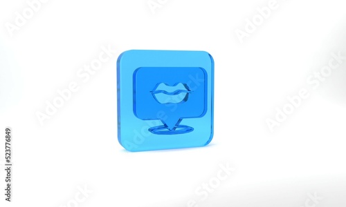 Blue Smiling lips icon isolated on grey background. Smile symbol. Glass square button. 3d illustration 3D render © Iryna