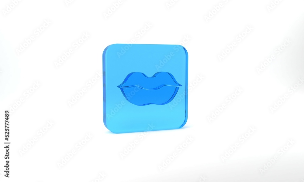 Blue Smiling lips icon isolated on grey background. Smile symbol. Glass square button. 3d illustration 3D render