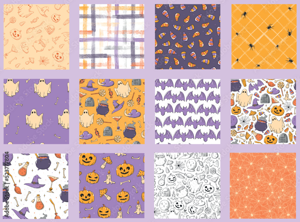 Fototapeta premium set of 12 Halloween seamless patterns with doodles for wrapping paper, packaging, textile prints, backgrounds, digital paper, wallpaper, etc. EPS 10