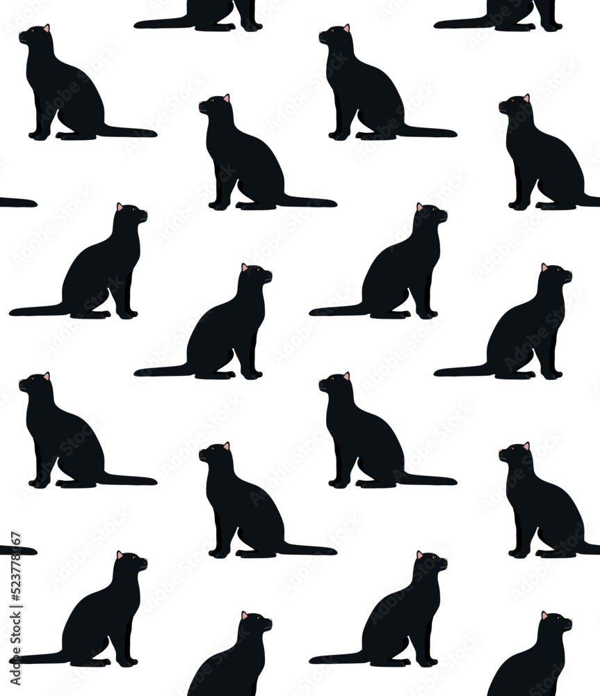 Vector seamless pattern of flat hand drawn black cat isolated on white background