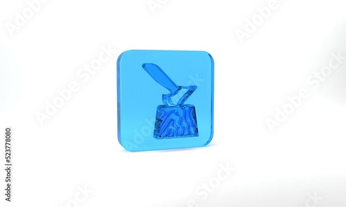 Blue Wooden axe in stump icon isolated on grey background. Lumberjack axe. Axe stuck in wood. Chopping wood. Glass square button. 3d illustration 3D render