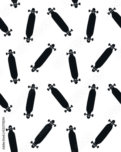 Vector seamless pattern of hand drawn sketch doodle black longboard skateboard isolated on white background