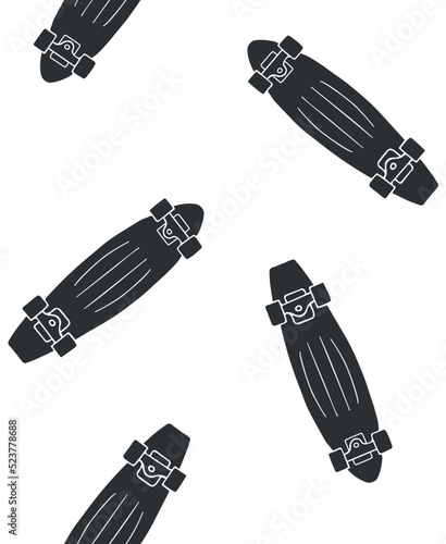 Vector seamless pattern of hand drawn doodle sketch black cruiser skateboard isolated on white background