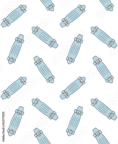 Vector seamless pattern of hand drawn doodle sketch cruiser skateboard isolated on white background