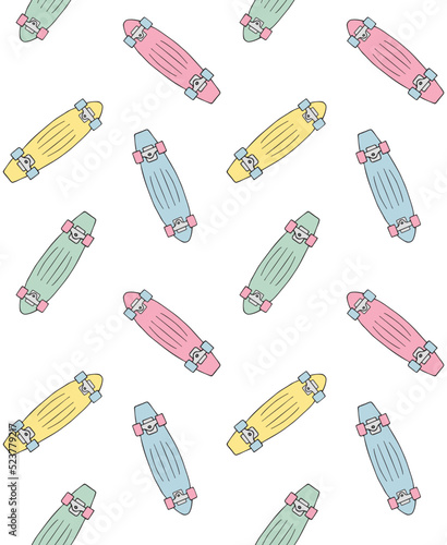 Vector seamless pattern of hand drawn doodle sketch different color cruiser skateboard isolated on white background