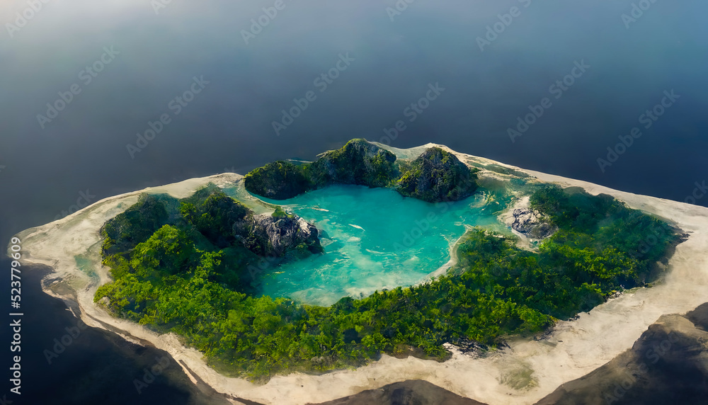 Islands in the ocean. Philippine fantasy islands in the ocean aerial photography. Beautiful landscape, clouds. 3D illustration.