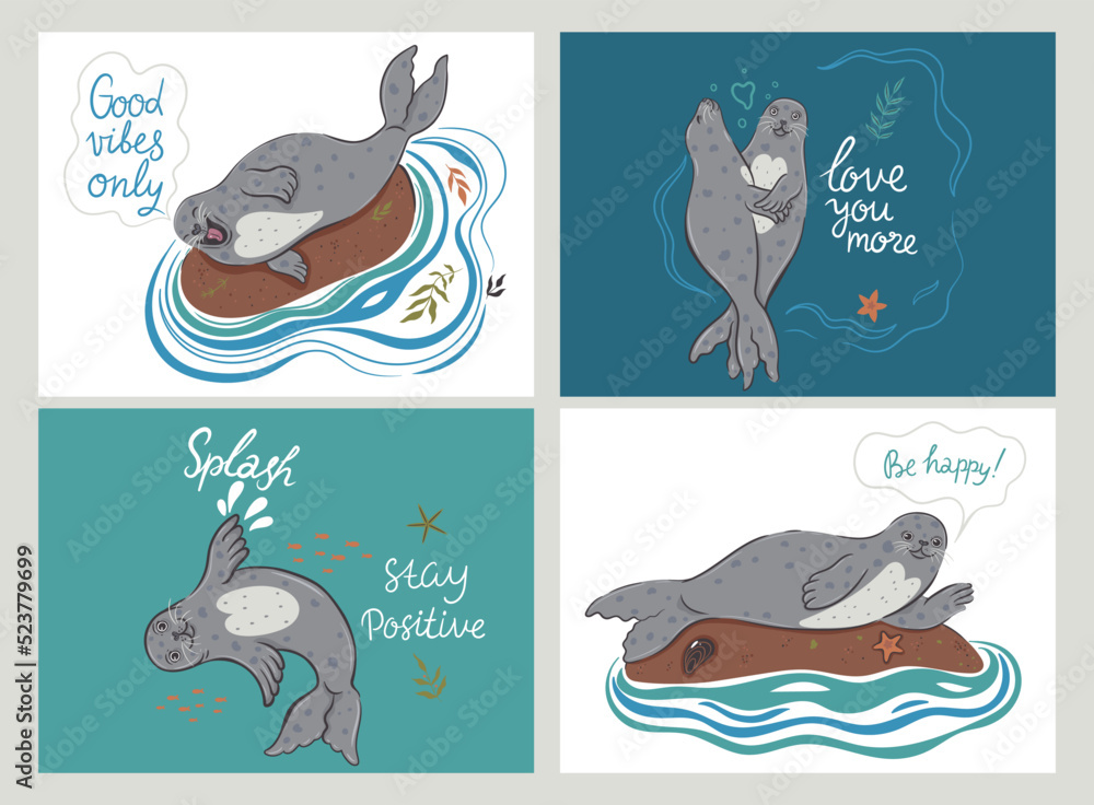 Set of postcards with cute seals. Vector graphics.