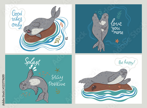 Set of postcards with cute seals. Vector graphics.