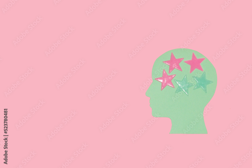 pastel blue head with stars instead of brain, pink background, creative art design, copy space
pastel blue head with stars instead of brain, pink background, creative art design, copy space