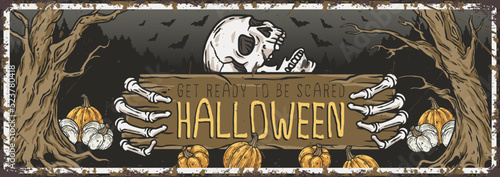 Halloween party poster with skeleton hand, skulls and cemetery. October autumn scary banner with pumpkins