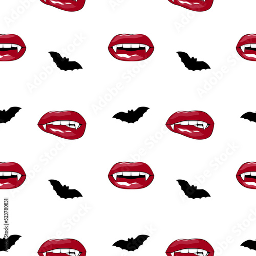 Halloween seamless pattern illustration, with bats silhouettes and vampire mouth with fangs teeth smile.