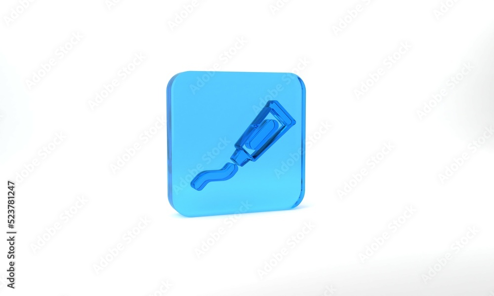 Blue Tube of toothpaste icon isolated on grey background. Glass square button. 3d illustration 3D render Blue Tube of toothpaste icon isolated on grey background. Glass square button. 3d illustration 3D render