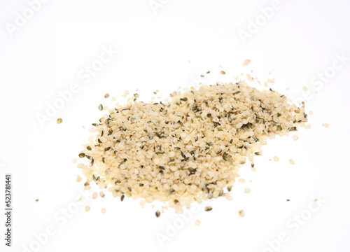 Hemp seeds isolated on white background. high amgle view with copy space photo
