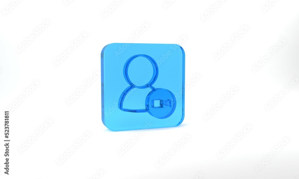 Blue Video chat conference icon isolated on grey background. Online meeting work form home. Remote project management. Glass square button. 3d illustration 3D render Blue Video chat conference icon isolated on grey background. Online meeting work form home. Remote project management. Glass square button. 3d illustration 3D render