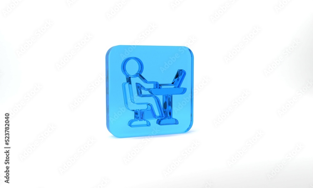 Blue Freelancer icon isolated on grey background. Freelancer man working on laptop at his house. Online working, distant job concept. Glass square button. 3d illustration 3D render Blue Freelancer icon isolated on grey background. Freelancer man working on laptop at his house. Online working, distant job concept. Glass square button. 3d illustration 3D render