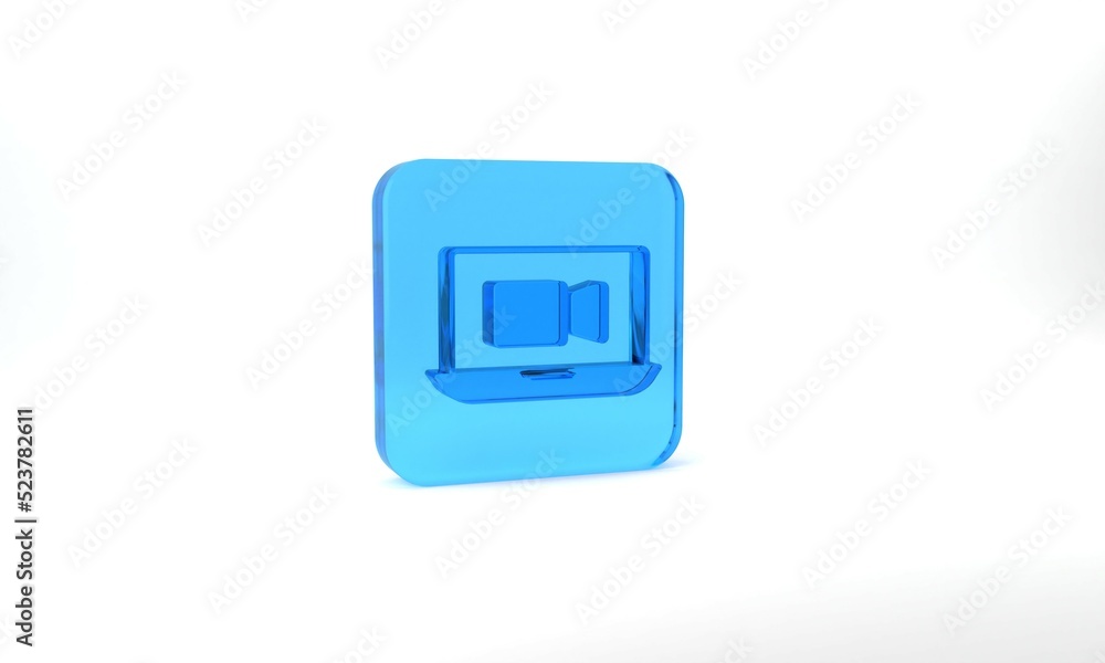 Blue Video chat conference icon isolated on grey background. Online meeting work form home. Remote project management. Glass square button. 3d illustration 3D render