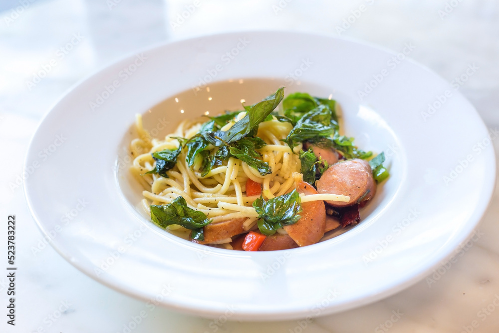 Thai spicy stir fried with Spaghetti, Kurobuta Pork Sausage, Thai spicy stir fried with Spaghetti, Kurobuta Pork Sausage,